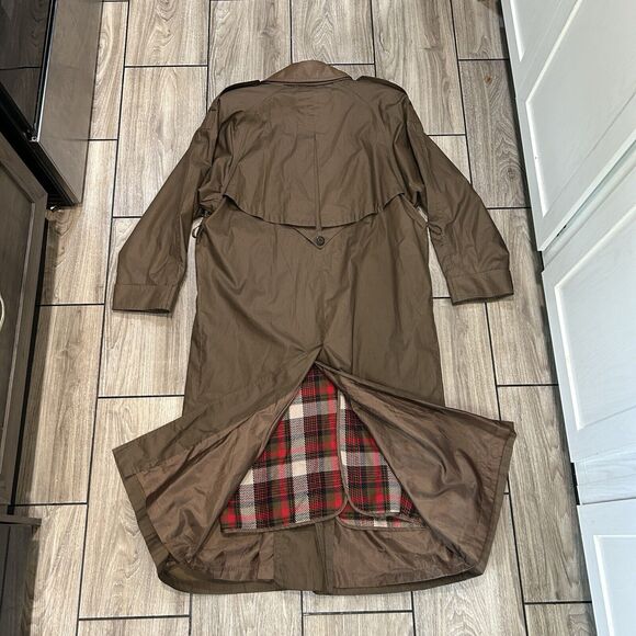 J Gallery Trench Coat 9/10 Long Brown Leather Collar Tie Warm Lined Layering - Picture 6 of 12